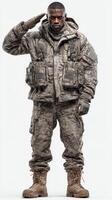 Soldier in camouflage uniform saluting with military gear at neutral background photo