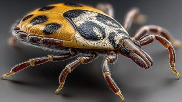Detailed close-up of a unique beetle species with striking yellow and black coloration on a dark background photo