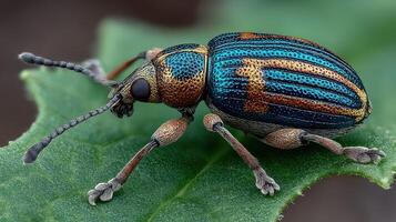 Colorful beetle resting on a green leaf in natural habitat under soft sunlight photo