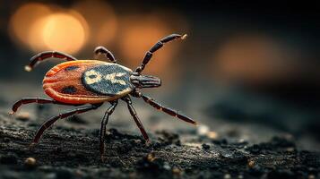 Close encounter with a detailed tick on a dark surface in a natural setting during dusk photo