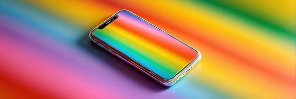 Colorful smartphone resting on a vibrant rainbow background with smooth gradients captured during daylight photo