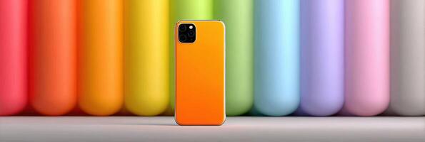 Bright colored smartphone standing alone in front of a vibrant pastel backdrop of vertical cylinders showcasing various colors photo