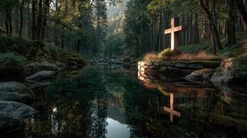 Reflections of tranquility at a secluded riverbank with a cross surrounded by lush forest photo