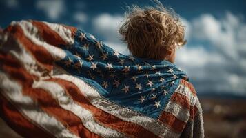 Child stands with an old American flag draped over shoulders against a dramatic sky at sunset photo