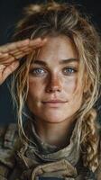 Young woman saluting with determination, showcasing strength and resilience in a spontaneous expression of respect and commitment photo