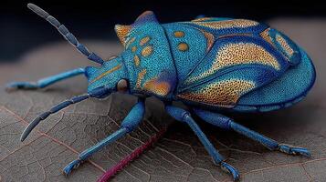 Colorful bug with vibrant blue and gold patterns resting on a leaf in a natural environment close-up photo