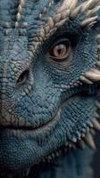 Majestic dragon with intricate scales and captivating eyes in close-up view showcasing its detailed features photo
