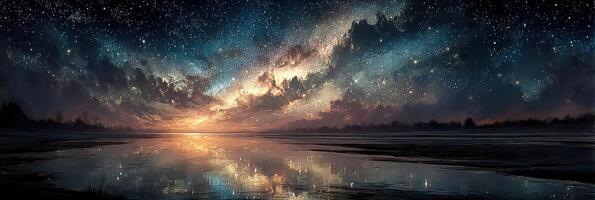 Captivating night sky filled with stars and reflection over a tranquil lake at dusk photo