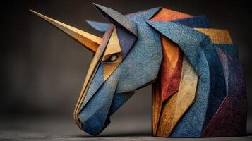 Colorful geometric unicorn sculpture made from layered wood in an artistic setting photo