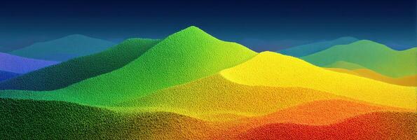 Colorful rolling hills create an abstract landscape at sunset showing vibrant hues of green, yellow, blue, and red photo