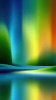 Vibrant abstract landscape with colorful reflections in a serene body of water at dusk photo
