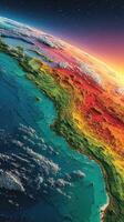 Colorful topographic view of Earth highlighting the western coastline at sunset with vibrant colors and dramatic terrain photo