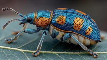 Colorful blue beetle resting on a green leaf, showcasing intricate patterns and textures in nature's design photo