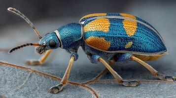 Vibrant blue and yellow beetle observed on a leaf in a natural setting under soft light during the day photo