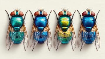 Colorful metallic flies displayed in a pattern on a light background showcasing diversity in color and texture photo