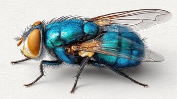 Close-up view of a vibrantly colored blue fly showcasing detailed anatomy and intricate wing structure photo
