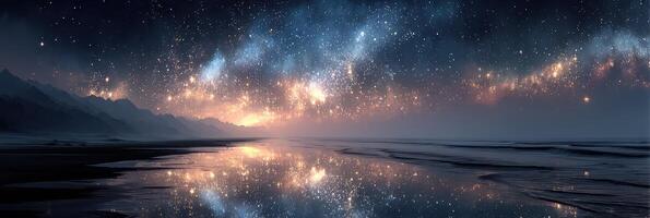 Majestic night sky illuminated with stars reflecting on serene beach landscape at dusk photo
