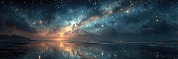 Stunning night sky view over tranquil ocean waters at sunset with vibrant stars and cosmic colors photo