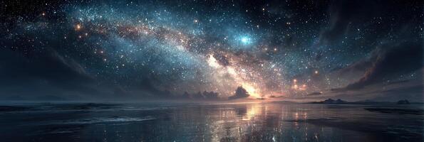 Starlit sky over calm ocean with reflections of the Milky Way during a tranquil night photo