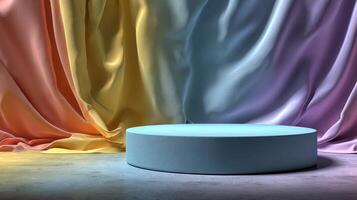 Colorful draped background with circular display platform in a creative setting photo