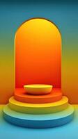 Colorful arch and circular platform with gradient hues creating an artistic display in a modern space photo