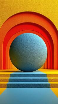 Bright geometric shapes create a vibrant abstract composition with a blue sphere and colorful arches at midday photo