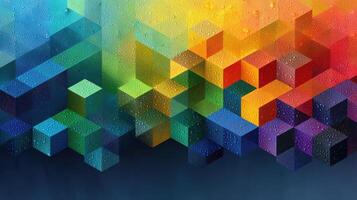 Colorful geometric patterns with vibrant cubes and water droplets create a dynamic abstract design photo