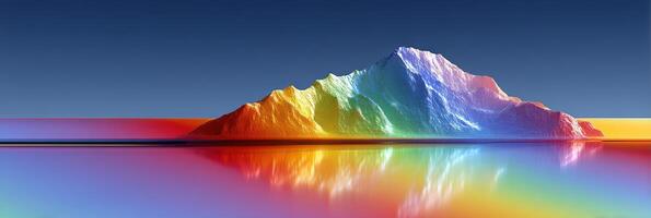 Stunning rainbow mountain reflecting in serene water under a vivid blue sky at sunset photo