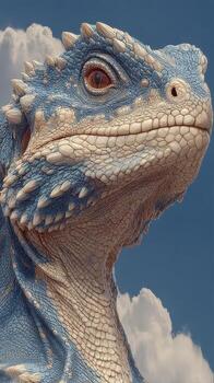 Unique blue lizard displays intricate patterns against a bright sky with clouds during a sunny day photo