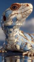 Detailed close-up of a unique lizard with blue and white scales basking in warm sunlight during a clear day photo