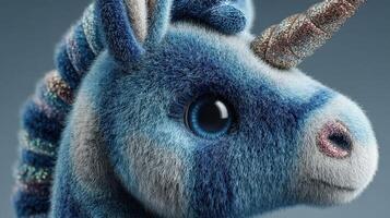 Soft blue unicorn toy with a shining horn and fluffy texture displayed against a neutral background photo