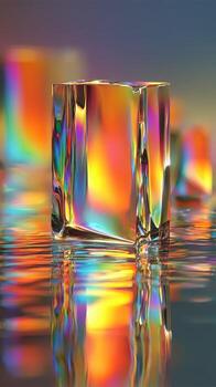 Colorful ice cube reflecting light and creating vivid patterns on a surface photo