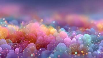 Colorful abstract bubbles create a dreamy landscape at dusk with shimmering lights and soft pastel hues photo