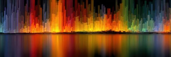 Vibrant visual representation of sound waves in a colorful display reflecting on water surface at night photo