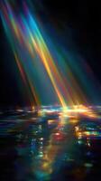 Colorful light reflections cast vibrant patterns over a calm water surface at night photo