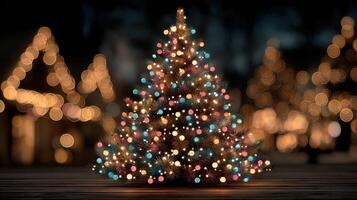 Decorated Christmas tree shining brightly in a festive holiday setting at nighttime photo