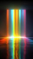 Colorful light waterfall illuminated in a dark space reflecting on the surface below photo
