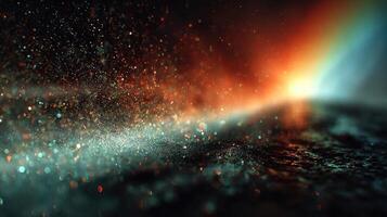 Colorful light rays create beautiful reflections on a damp surface during nighttime photo