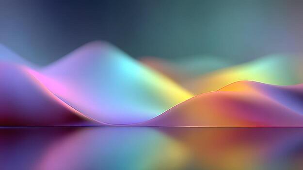 Colorful abstract landscape with smooth hills and reflections in calm waters during twilight hours photo