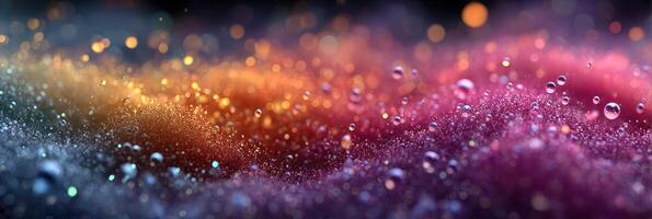 Colorful droplets create shimmering patterns on a soft surface in a dynamic display of light during early evening hours photo