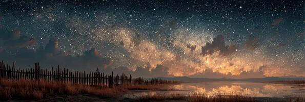 Stunning starry night above calm waters with a wooden fence and prairie grass in a serene landscape photo