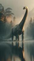 Majestic dinosaur stands by serene lake in misty forest during early morning hours photo