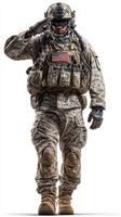 Military personnel saluting in tactical gear with camouflage uniform and American flag badge during daylight photo