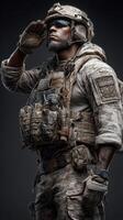 Military personnel saluting in tactical gear against a dark background showcasing dedication and readiness photo