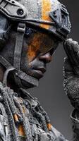 Soldier in uniform saluting with rain-soaked gear, capturing dedication and bravery in challenging conditions photo