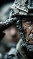 Soldier saluting with determination in a cold military environment at dawn photo