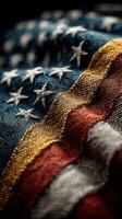 Detailed close-up view of an American flag showcasing vibrant colors and intricate stitching on a textured fabric surface photo