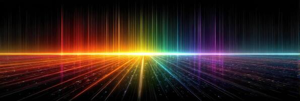 Vibrant display of multi-colored light rays emanating from a central horizon at dusk over a digital landscape photo