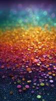 Colorful glitter particles reflecting light in a vibrant, abstract background at night photo