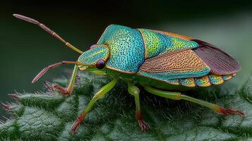 Colorful insect perched on green leaf showcasing detailed patterns and vibrant hues in natural habitat during daylight photo